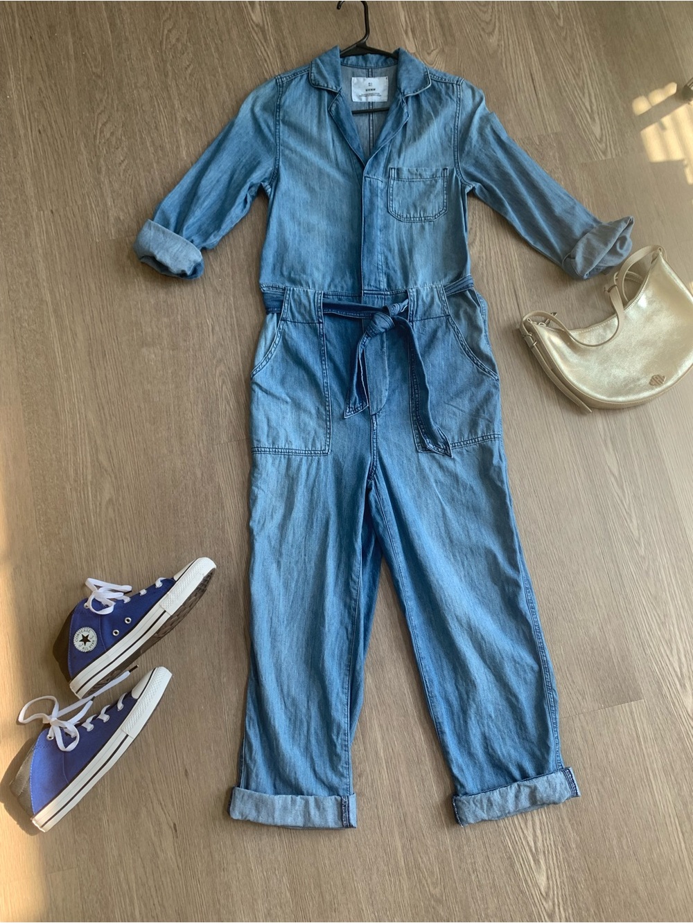 H&M Chambray Straight Leg Cotton Jumpsuit with Tie Belt